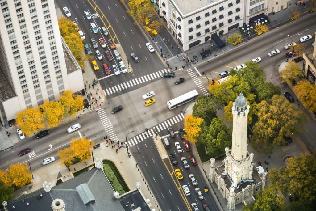 Roker - City aerial view of Michigan Avenue and the Magnificent Mile in Chicago Illinois USA